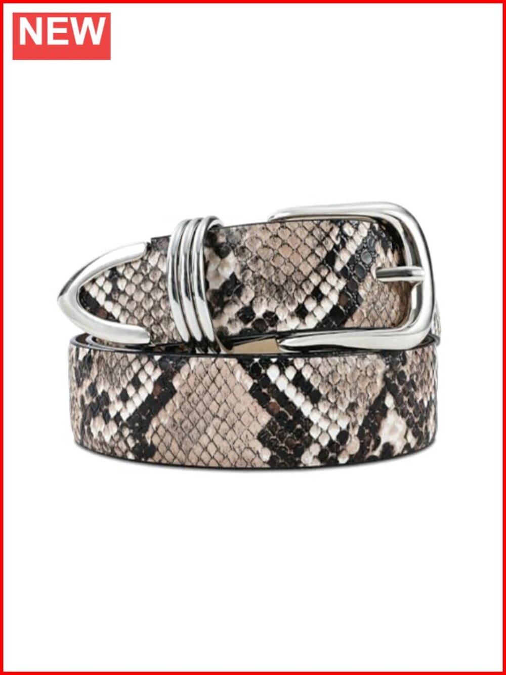 Snake Print Leather Belt Silver Buckle 3 Rings Women's Waist Belt